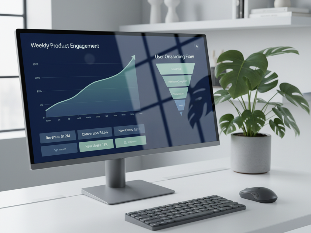 A meticulously organized digital dashboard displayed on a thin-bezel, ultra-wide monitor resting on a clean white desk, showcasing product metrics with crisp line charts, conversion funnels, and KPI tiles in a restrained color palette of deep blues and soft teals. To one side, a compact, matte-grey keyboard and wireless mouse align perfectly parallel. In the blurred background, shelves with simple geometric decor and a single leafy plant break the minimalism. Cool, diffused light from a large window casts even illumination, with faint reflections on the monitor. Photographic realism, slightly elevated angle, sharp focus on the screen, presenting a professional, analytical mood centered on measurable impact.