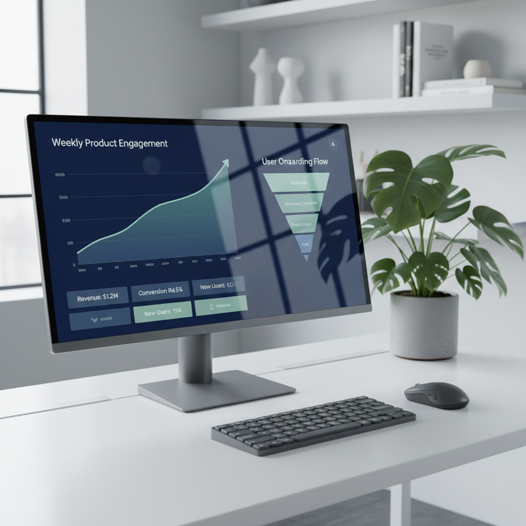 A meticulously organized digital dashboard displayed on a thin-bezel, ultra-wide monitor resting on a clean white desk, showcasing product metrics with crisp line charts, conversion funnels, and KPI tiles in a restrained color palette of deep blues and soft teals. To one side, a compact, matte-grey keyboard and wireless mouse align perfectly parallel. In the blurred background, shelves with simple geometric decor and a single leafy plant break the minimalism. Cool, diffused light from a large window casts even illumination, with faint reflections on the monitor. Photographic realism, slightly elevated angle, sharp focus on the screen, presenting a professional, analytical mood centered on measurable impact.