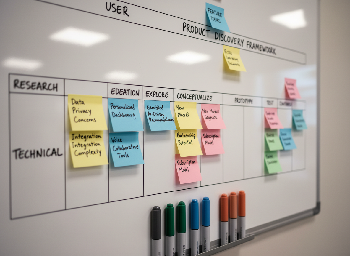 A close-up of a whiteboard filled with a clearly structured product discovery framework: neatly drawn swimlanes, user journey stages, and small multicolored sticky notes labeled with concise feature ideas, risks, and opportunities. The whiteboard’s glossy surface reflects soft overhead lighting, while the edges of the frame fade gently into blur. At the bottom edge, a tidy row of fine-tip markers in muted tones rests on the tray. Photographic realism with a slightly angled side view and shallow depth of field, creating a sense of depth and focus on the most important notes. The atmosphere feels thoughtful, methodical, and quietly energetic, embodying structured problem-solving.