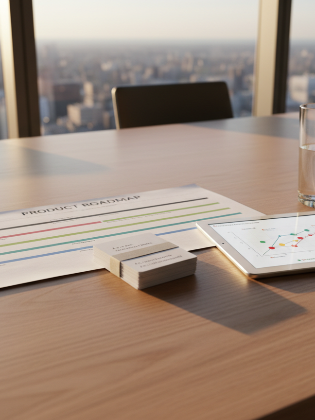 A polished conference table of light ash wood hosting a precisely arranged collection of product strategy artifacts: a printed roadmap timeline with clear swimlanes, a compact stack of user story cards with concise text, and a thin silver tablet showing a prioritization matrix on its bright screen. A glass of water sits to the side, catching tiny highlights. The background reveals a blurred city skyline through floor-to-ceiling windows. Warm late-afternoon sunlight streams in, casting elongated, soft shadows and a golden rim of light along paper edges. Photographic realism, shot from a slightly elevated diagonal angle, conveying a professional, high-level decision-making environment with calm, confident energy.