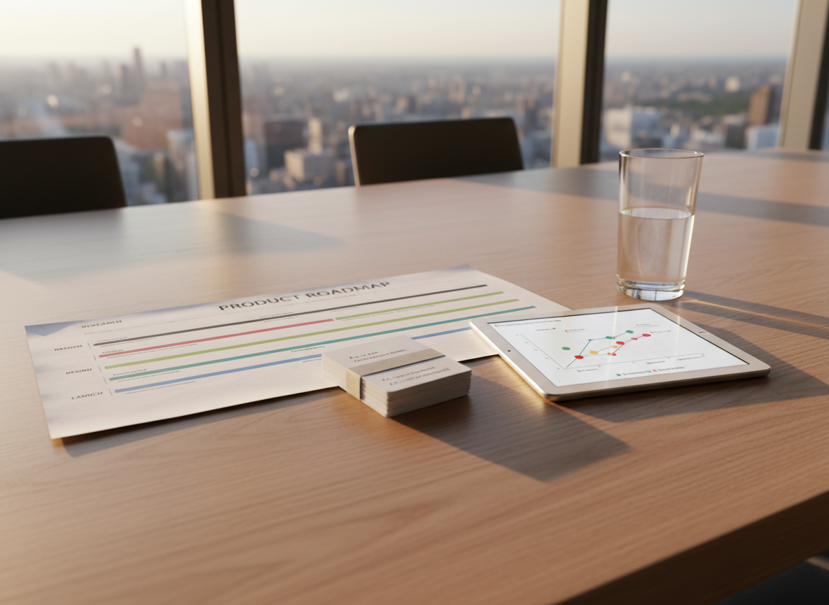 A polished conference table of light ash wood hosting a precisely arranged collection of product strategy artifacts: a printed roadmap timeline with clear swimlanes, a compact stack of user story cards with concise text, and a thin silver tablet showing a prioritization matrix on its bright screen. A glass of water sits to the side, catching tiny highlights. The background reveals a blurred city skyline through floor-to-ceiling windows. Warm late-afternoon sunlight streams in, casting elongated, soft shadows and a golden rim of light along paper edges. Photographic realism, shot from a slightly elevated diagonal angle, conveying a professional, high-level decision-making environment with calm, confident energy.
